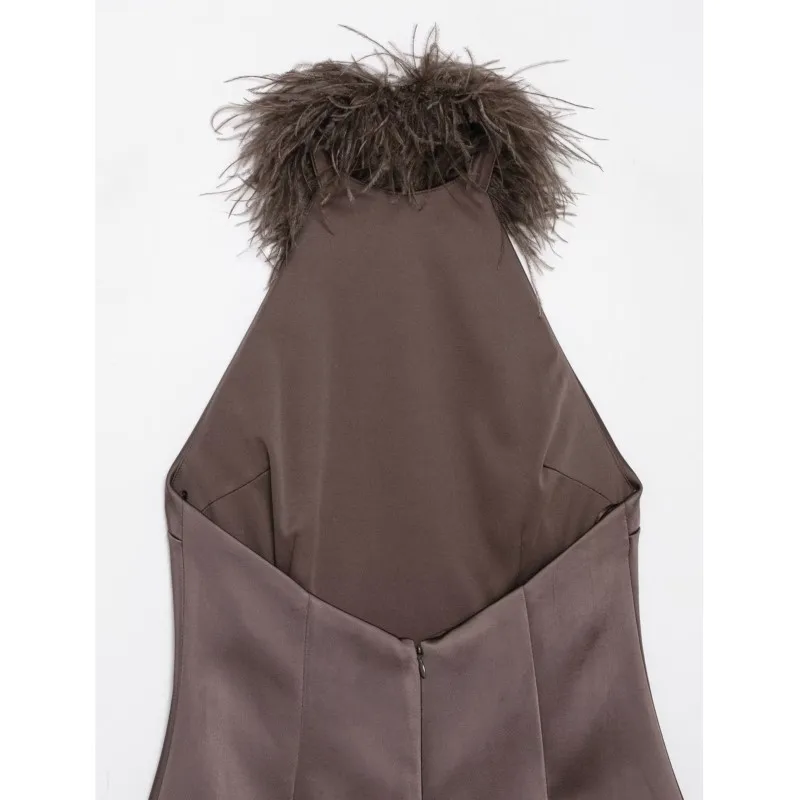 ربيع الخريف المرأة فستان من الريش مثير عارية الذراعين الرسن الرقبة المرأة فستان قصير أنيق أنثى شيك عودة البريدي فستان قصير