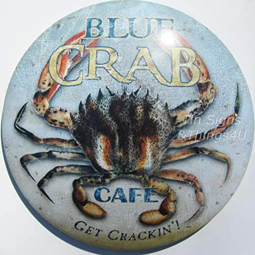 Blue Crab Cafe Round Dome Tin Sign Seafood Nautical Bar Metal Wall Decor 12