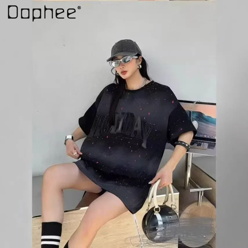 

T-shirt Short-sleeved Women's 2026 Summer New Ink-splashing Contrasting Color Smudging Letter Printing Loose Short-sleeved Top