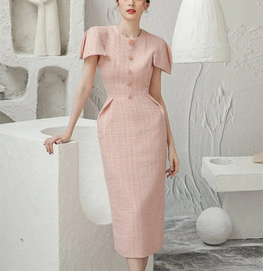 Elegant Spring Summer Pink Tweed Bodycon Midi Dress Women O Neck Short Sleeve Beaded Button Woolen Plaid Ladies Party Vestidos