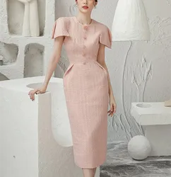 Elegant Spring Summer Pink Tweed Bodycon Midi Dress Women O Neck Short Sleeve Beaded Button Woolen Plaid Ladies Party Vestidos