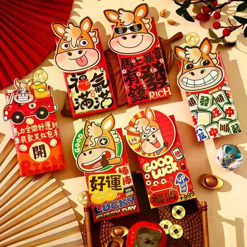 6Pcs 2026 Spring Festival Red Envelope Cartoon Horse Year Red Pouch Chinese Traditional Lucky Red Packets For New Year Greetings