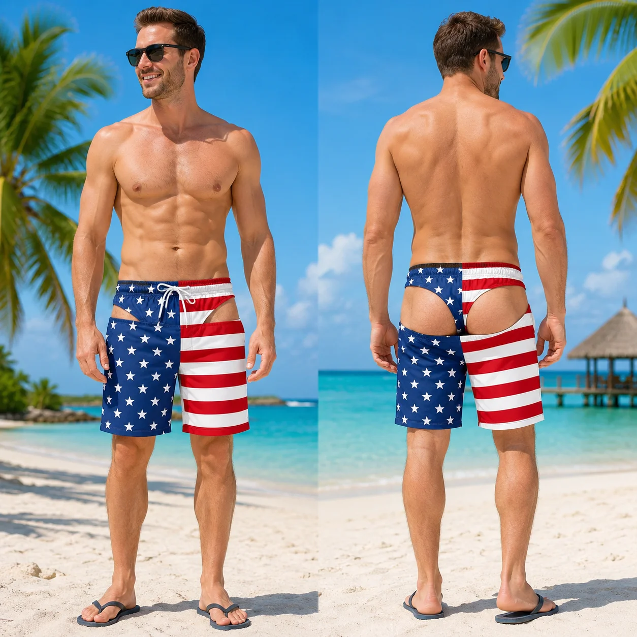 funny men's swimsuit American Flag Swim Trunks USA Stars Stripes Brief Illusion Novelty Board Shorts Quick Dry Beach Shorts
