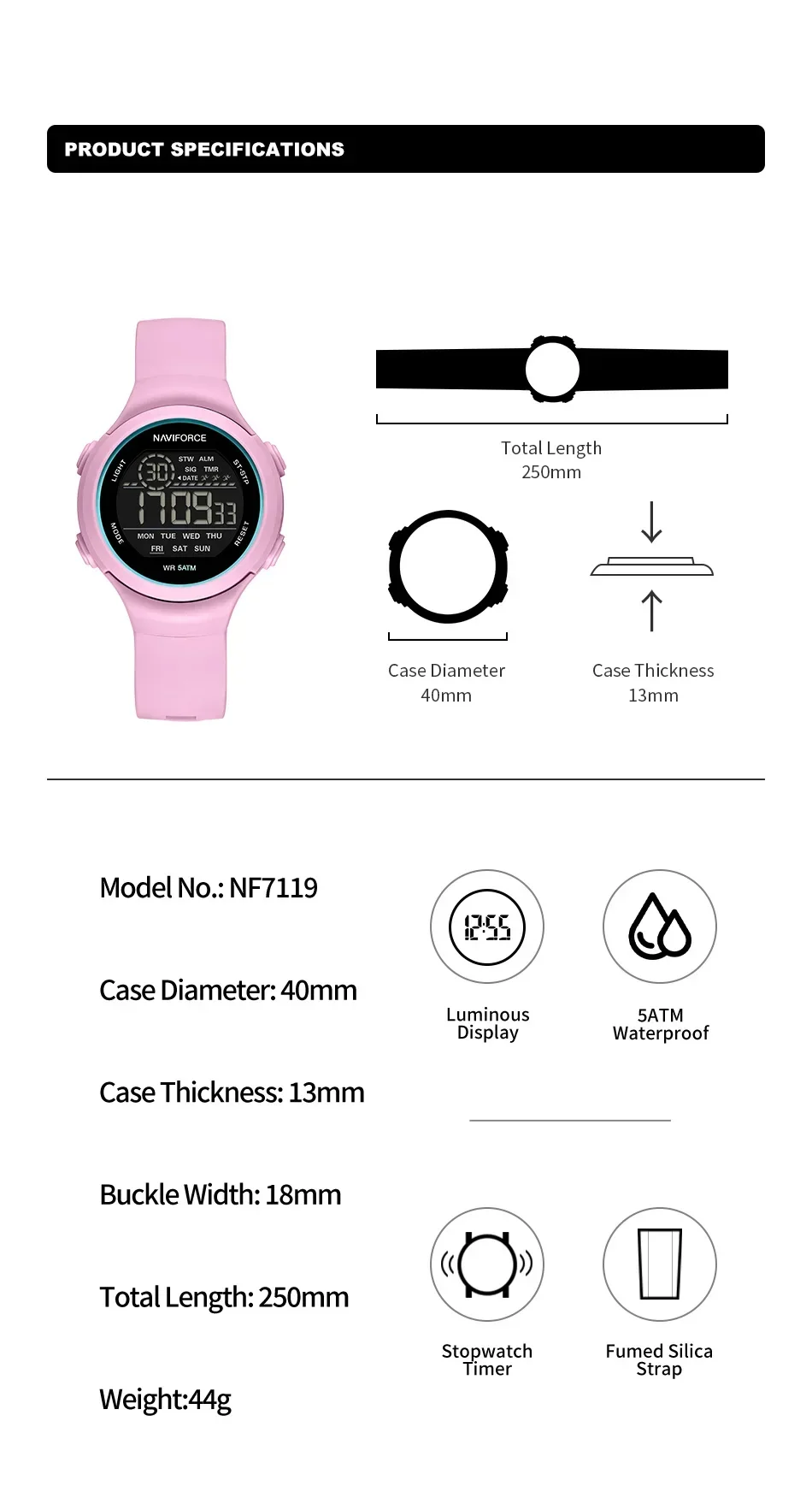 NAVIFORCE NF7119 ساعة رياضية فاخرة للنساء حزام السيليكا LCD شاشة ديجيتال ساعات المعصم الإلكترونية Reloj Mujer