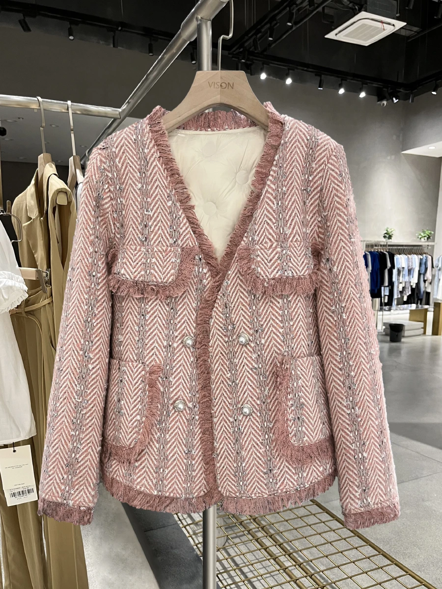 

Розовая утепленная куртка с V-образным вырезом для женщин: зимнее пальто, модный дизайн, премиум-класс, верхняя одежда для женщин