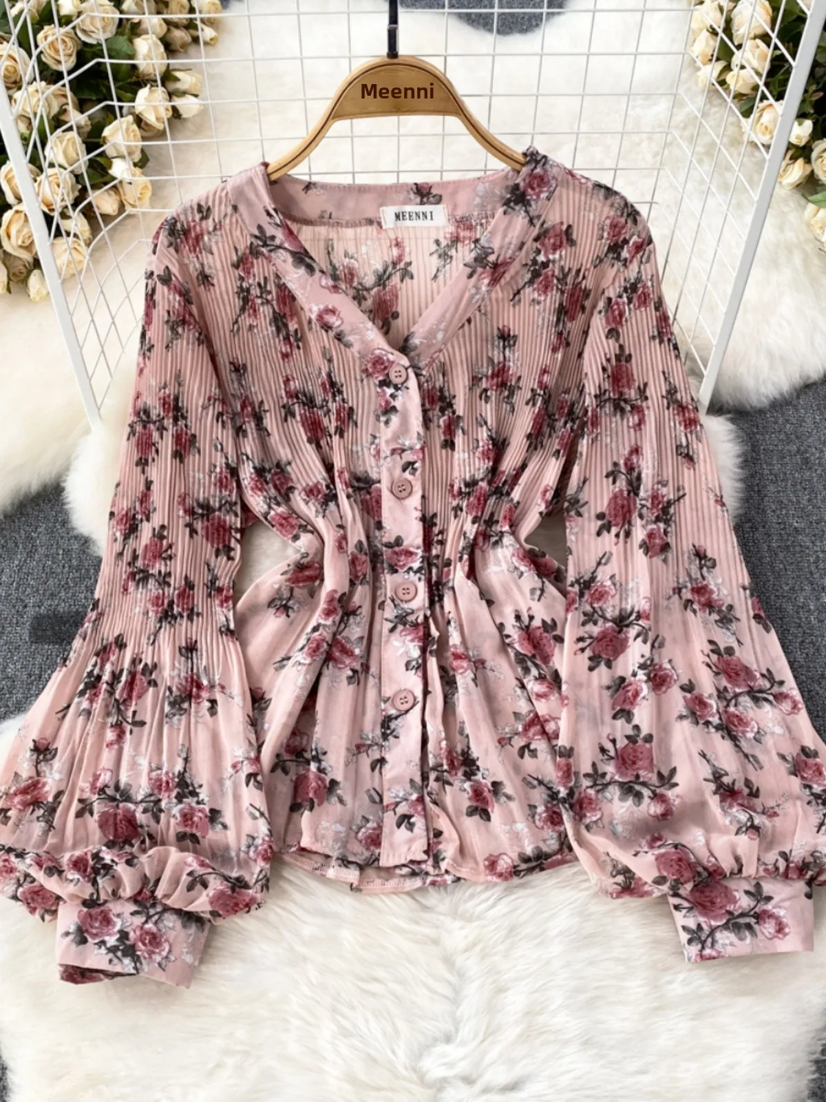 

Ele Floral Embellied Chiffon irt Women's Tea Break Slimming Long Sve V-Ne Waist-Cinched Lantern Sve Top