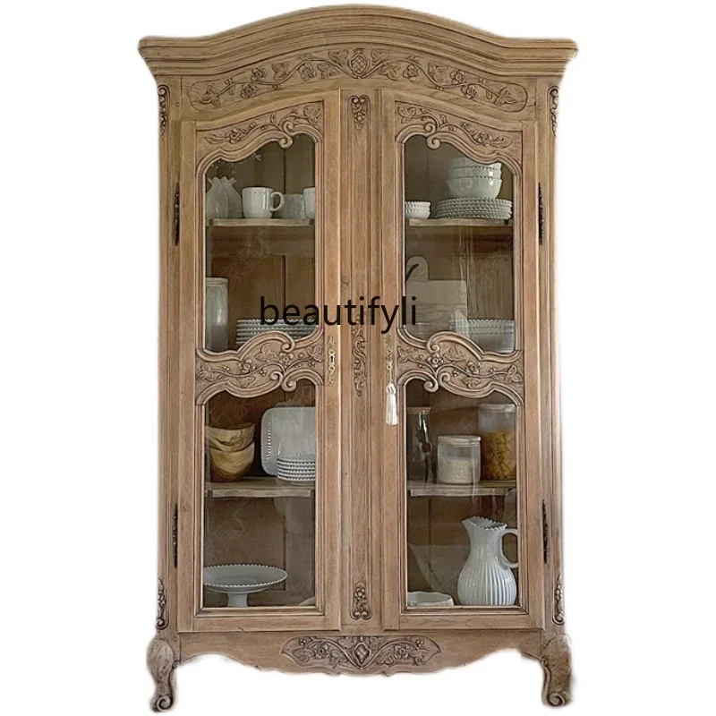 

ANordic French American Country Retro Distressed Solid Wood Glass Double Door Wine Cooler Display Sideboard Cabinet Hotel