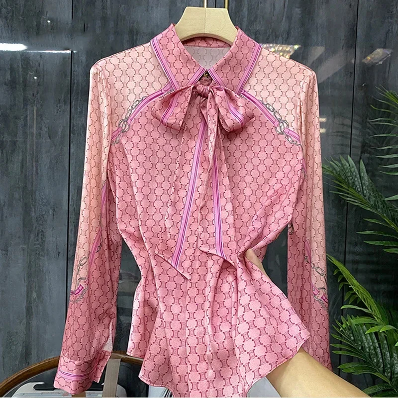 New Arrival Women\'s Summer Shirt Elegant Work Casual Top Pink Blouse Bow Tie Office ladies Business Shirt 2024 blusas mujer