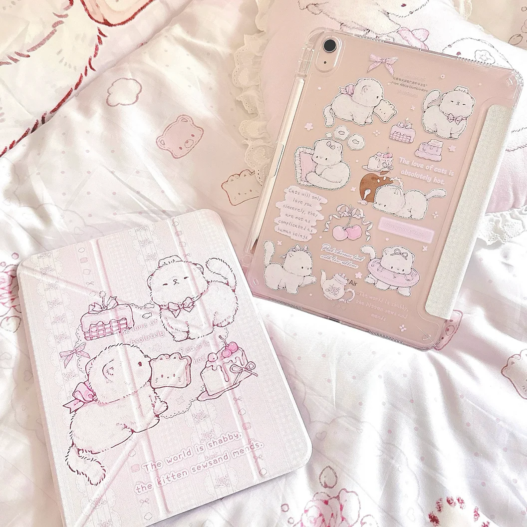 Pink Kitten Bow Lace Y2K Y-fold Flip Cover For iPad 10th 11th Gen 7/8/9 10.2'' Case For Air 4 5 6 7 11 Air 2 9.7 Pro 11 Mini 6 7