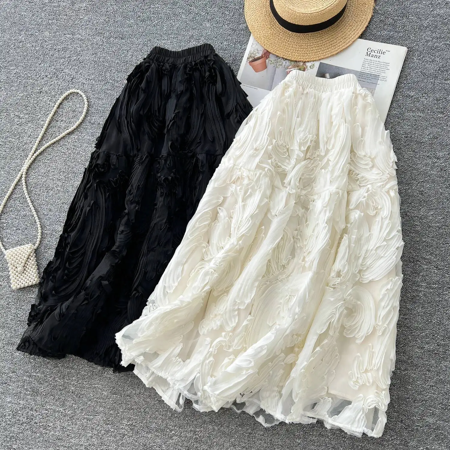 

Women French Retro Three-dimensional Flower High Waisted Skirt Slim A-line Fluffy Long Skirts Female Elegant Midi Umbrella Skirt