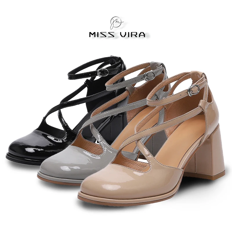 

MISS VIRA Chunky High Heel Sandals For Women Genuine Cow Leather Ankle-Strap Pumps Closed Toe Hollow Out Summer Ladies Shoes