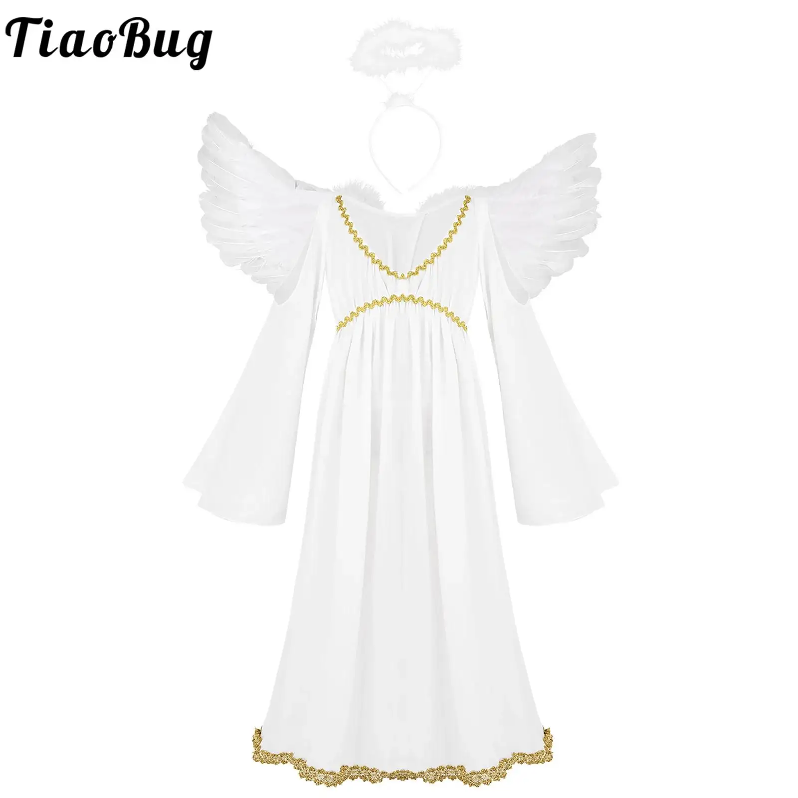 Kids Girls Greek Goddness Costume Halloween Carnival Theme Party Cosplay Long Sleeve Angel Role Play Dress with Headwear Wings