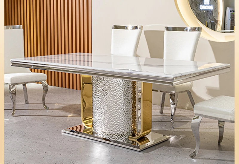 

Marble dining table can be customized for home use 220 * 100 * 75CM [bright silver stainless steel + marble desktop]