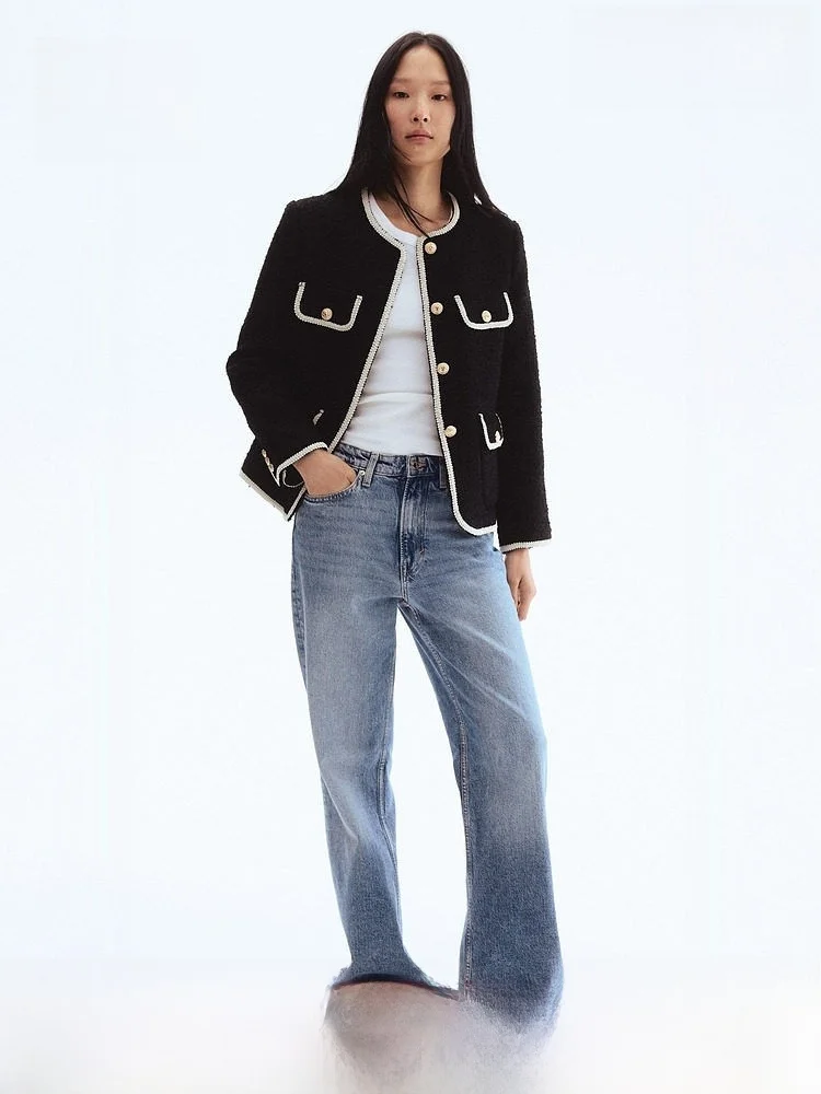 

Женская короткая куртка H&M с круглым вырезом, на флисовой подкладке, простая и модная, для весны и осени, стандартный крой, для повседневной носки