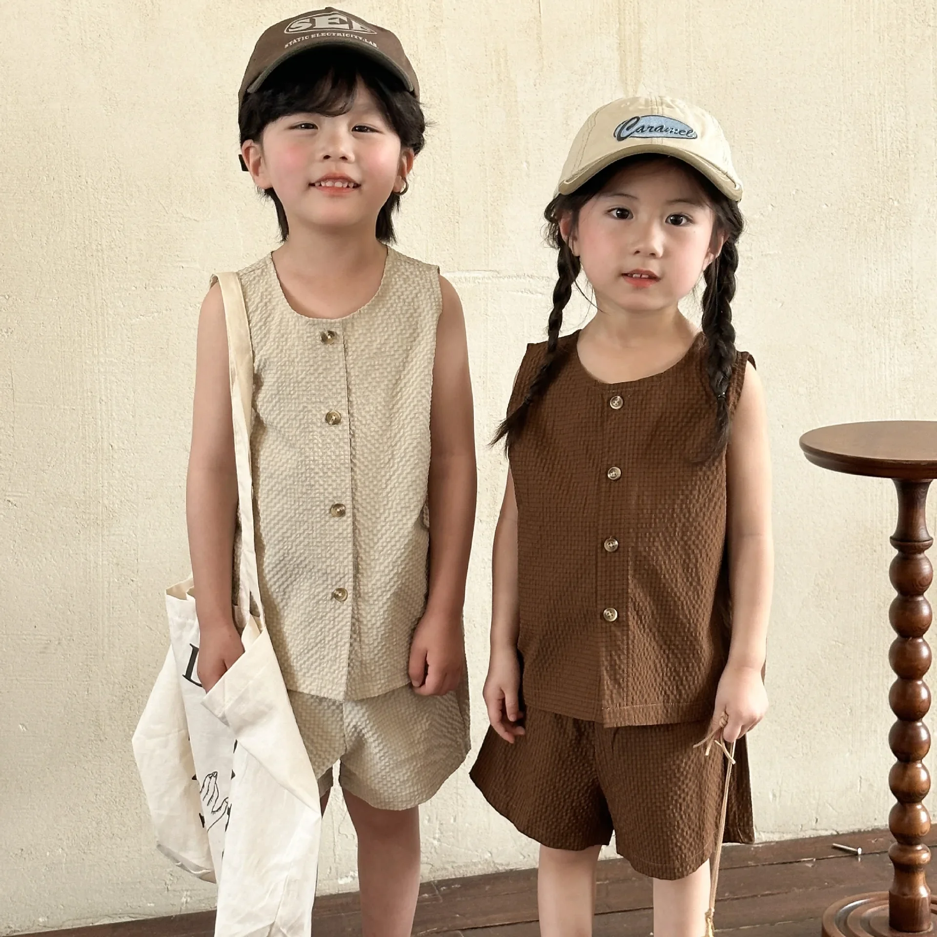 Children Clothing Set Summer Korean Style Boys Baby 2024 New Fashionable Girls Casual Vest Shorts Solid Color Two-piece Set