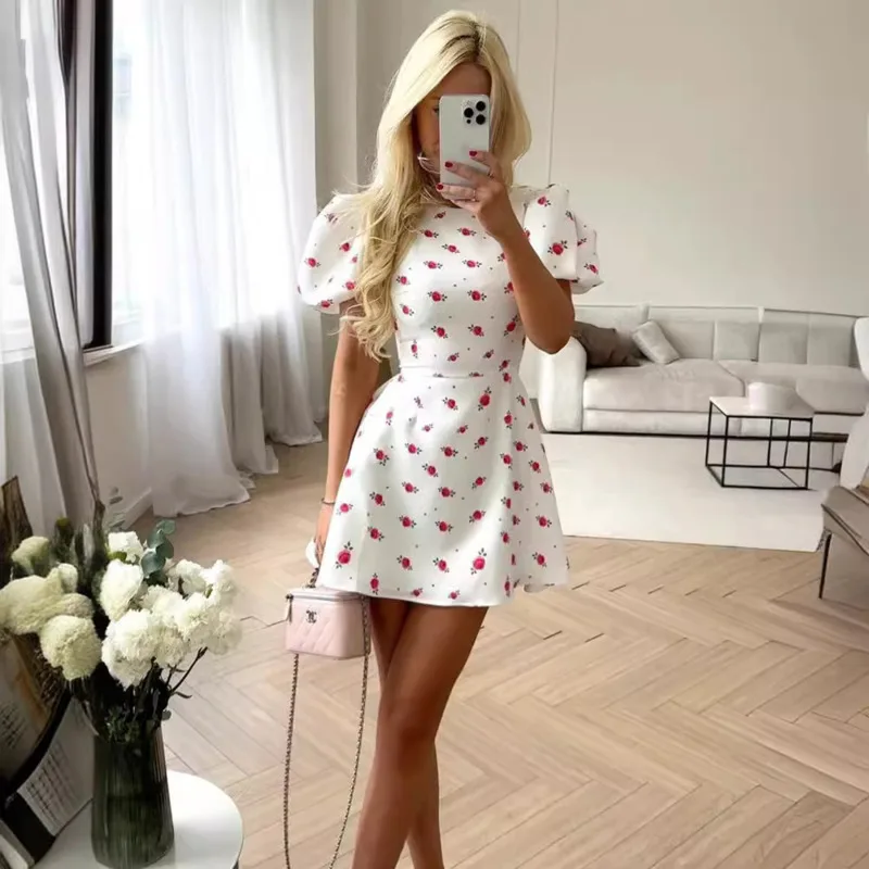 

Sweet Printed Puff Sleeve Mini Dress Elegant Fitted A-Line Skirt New Summer Fashion Party Dresses Daily Shopping Sister Outfits