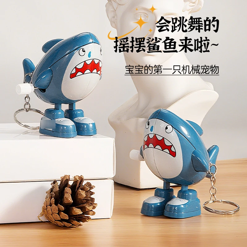 Creative Novelty Clockwork Shark Toys Wind Up Walking Swing Toy Cartoon Funny Shark Keychain Pendant Creative Decompression Toys