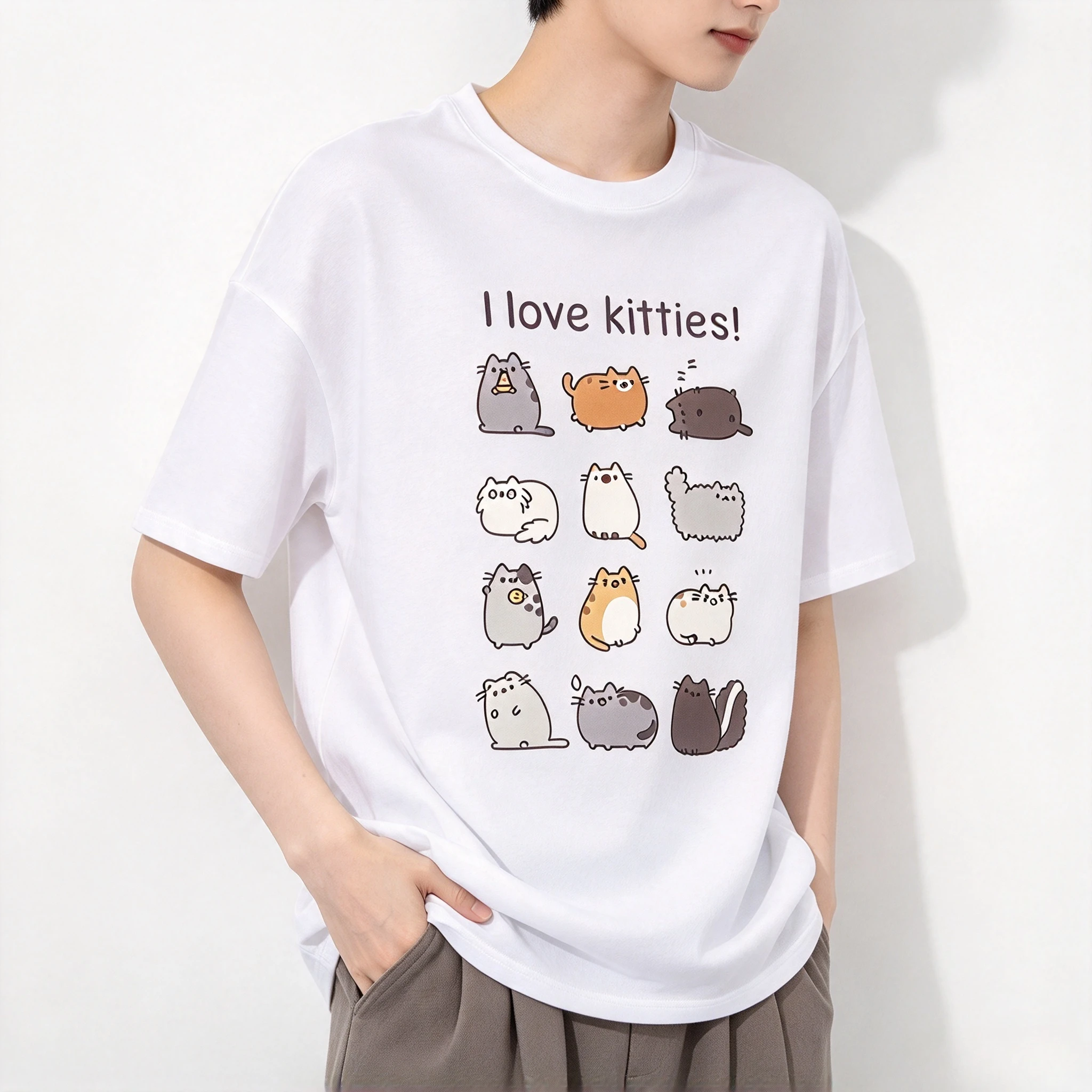 Simple Loose Modal Short Sleeve T Shirt Japanese Korean Street Style Cartoon Kitties Graphic Print Casual Unisex Tee