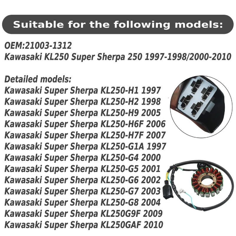 Motorcycle Magneto Stator Coil OEM 21003-1312 For Kawasaki KL250 Super Sherpa 250 1997-1998/2000-2010 Offroad Spare Part