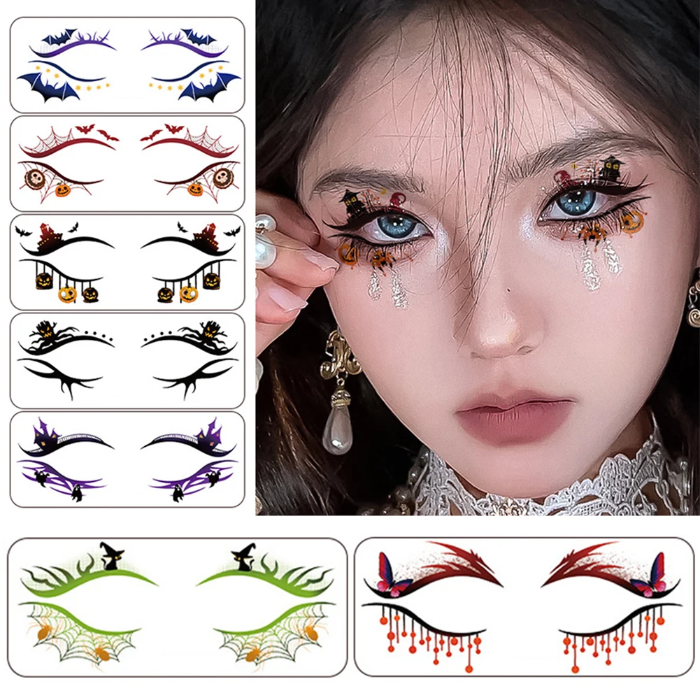 1PC Halloween Facial Tattoo Stickers, Waterproof Bat & Witch Pattern Eye Line Stickers, Festival Face Art Decor for Women Girls