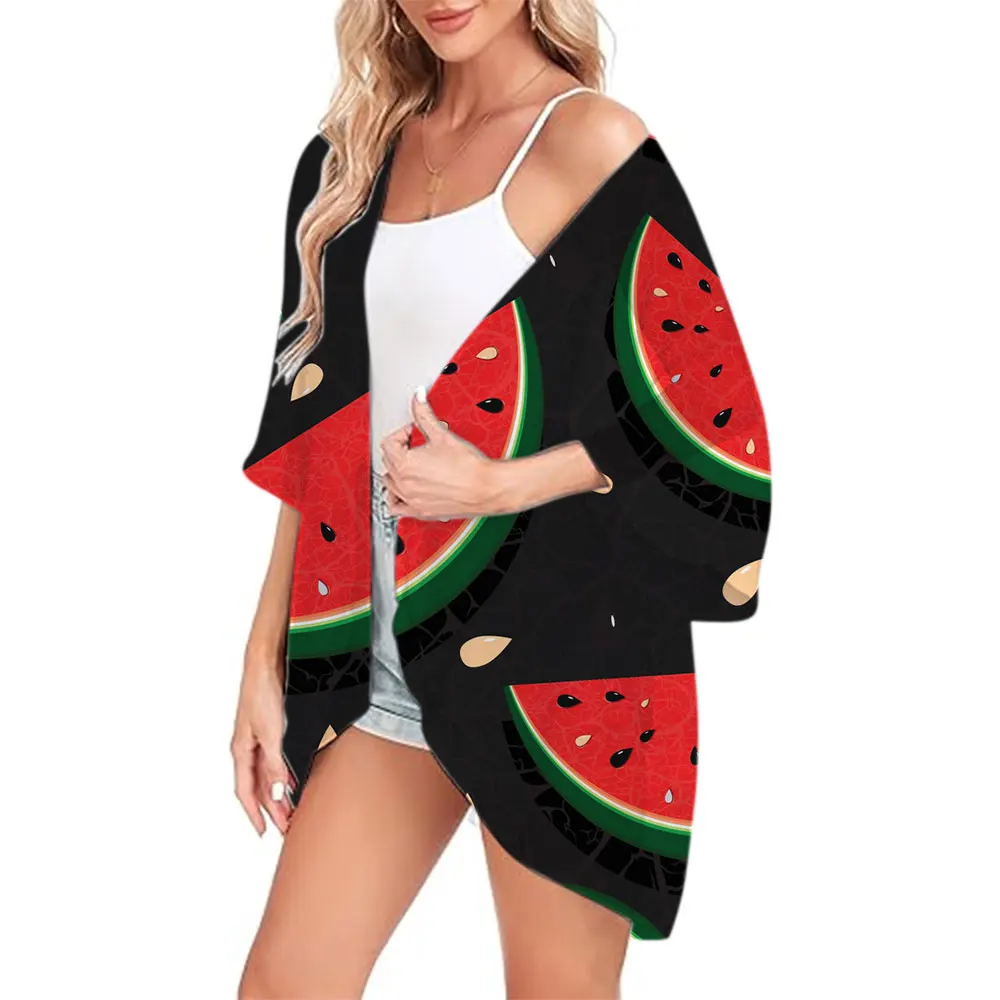 Women's Casual Kimono Chiffon Cover-ups 3d Watermelon Printed Lightweight Fashion Kimono Beach Swimwear With Dress Coat Summer