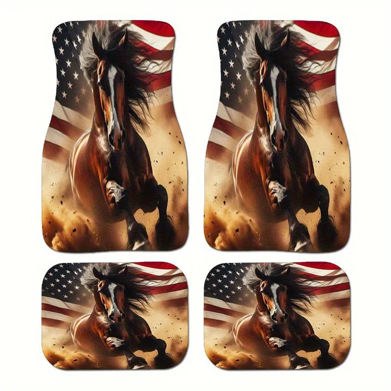 4pcs American Flag Mustang Car Floor Mats Set | All-Weather Protection, Fit For Cars, Trucks, SUVs - Horse & Galloping Mustang D
