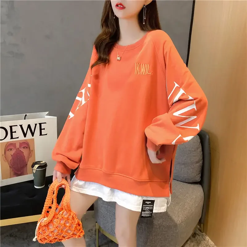 Long Sleeve Women\'s T-shirts Clothes Tops Fake Two Autumn Midi Fashion Korean Aesthetic Graphic Loose Casual Hoodie Pulovers