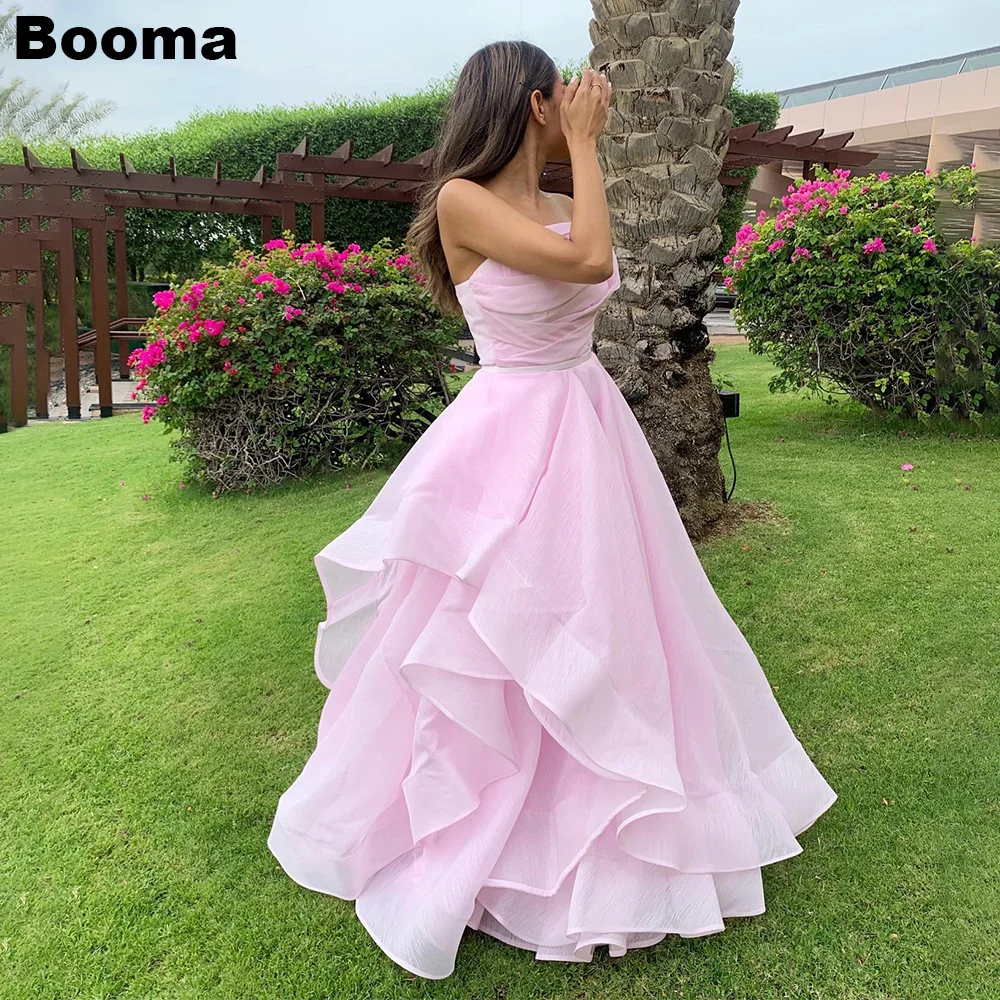 

Booma Pink Organza A Line Prom Dresses Strapless Pleat Ruffles Long Party Evening Dresses Special Occasion Dresses for Women