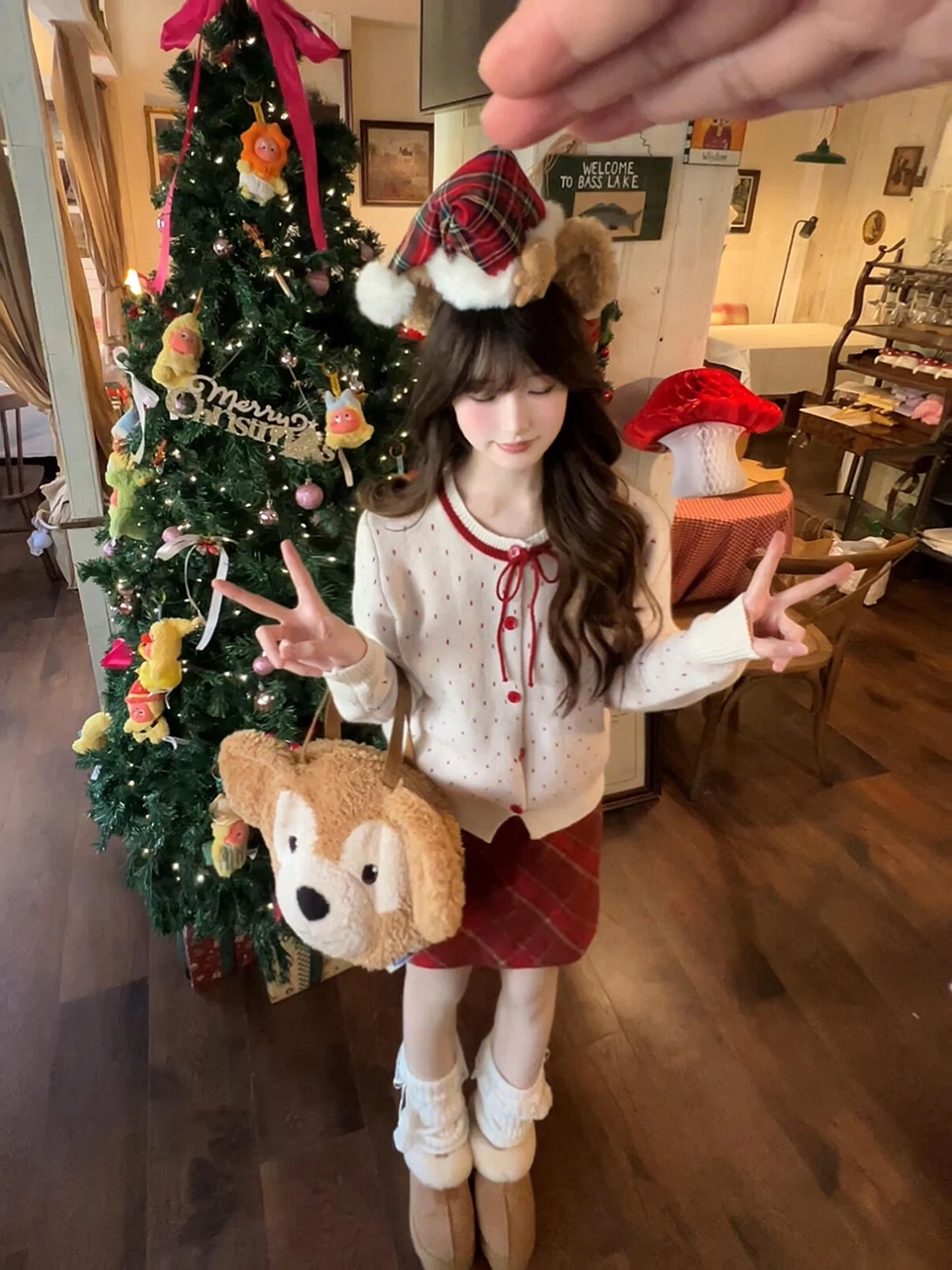 2026년 봄 퓨어 디자이어 물방울 무늬 니트 가디건과 레드 체크 스커트 세트 여성용 스위트 시스터 스타일 투피스 패션 세트