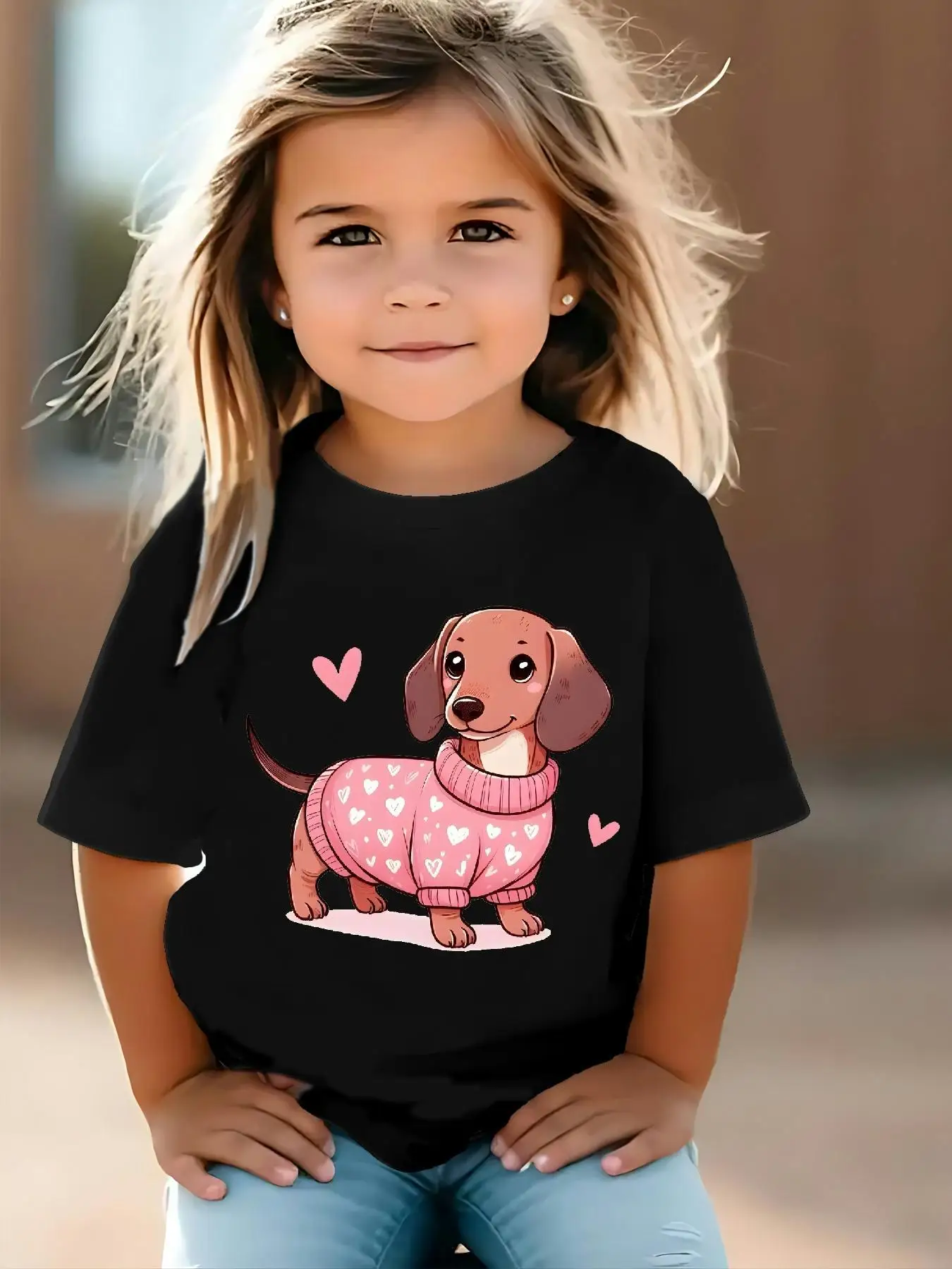 2026 Fashion Pure Cotton Girls' T-Shirt Cute Printed Round Neck Top Heart-Shaped Dachshund Sports Short-Sleeve Breathable Top