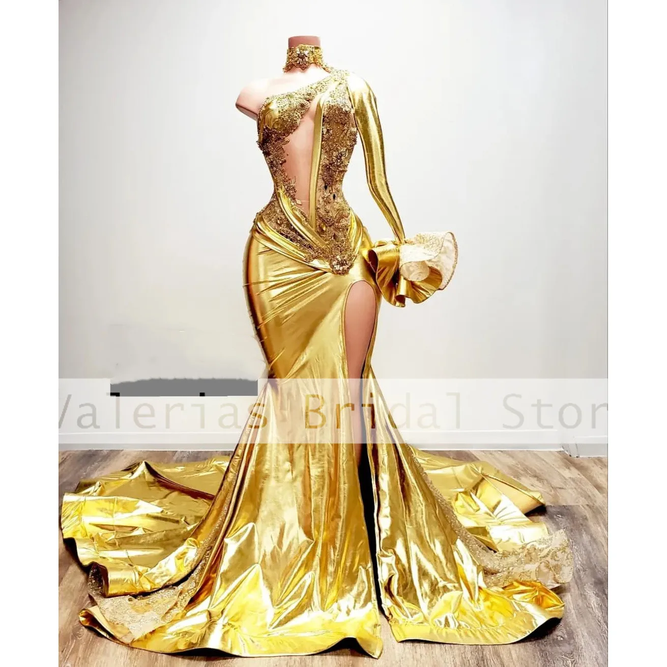 New Gold Mermaid Prom Dress Beads High Split Sexy Wedding Party Gowns Luxury Celebrity Evening Dresses Robe De Bal