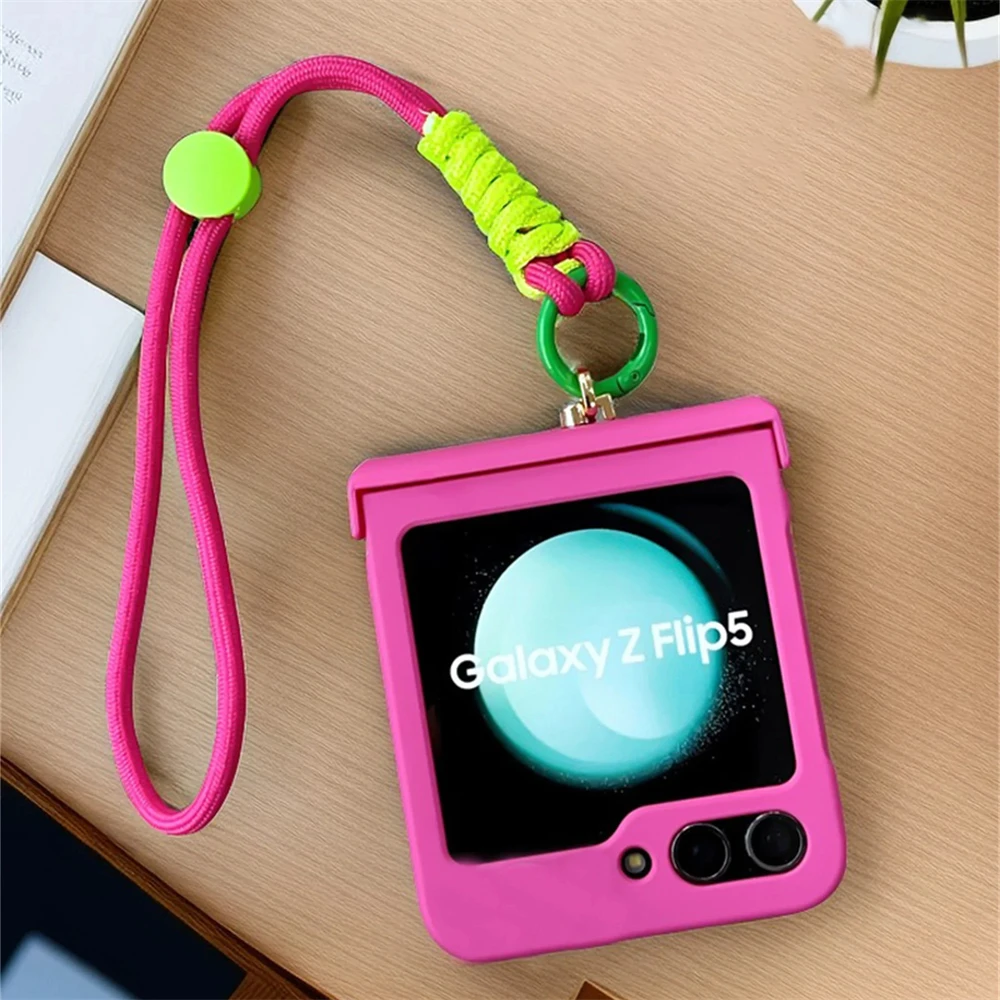 Cute Korean Portable Adjustable Hand Strap RosePink Simple Solid Color Case For Samsung Galaxy Z Flip 6 Flip5 Flip4 Flip3 Cover