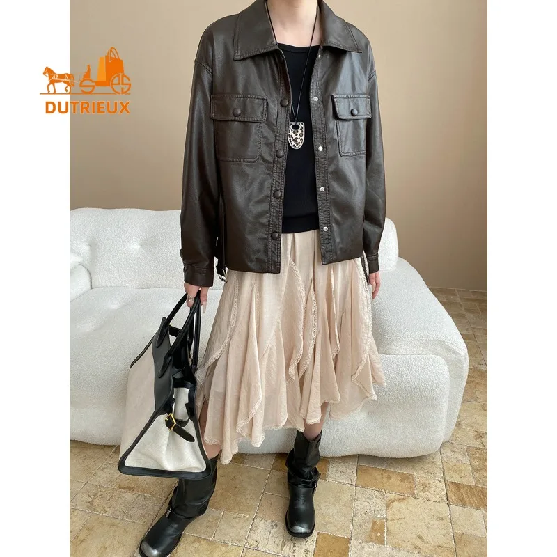 2025 Spring and Autumn Women's Fashionable Loose Real Leather Jacket, 100% Genuine Sheepskin, Casual Motorcycle Coat for Women.