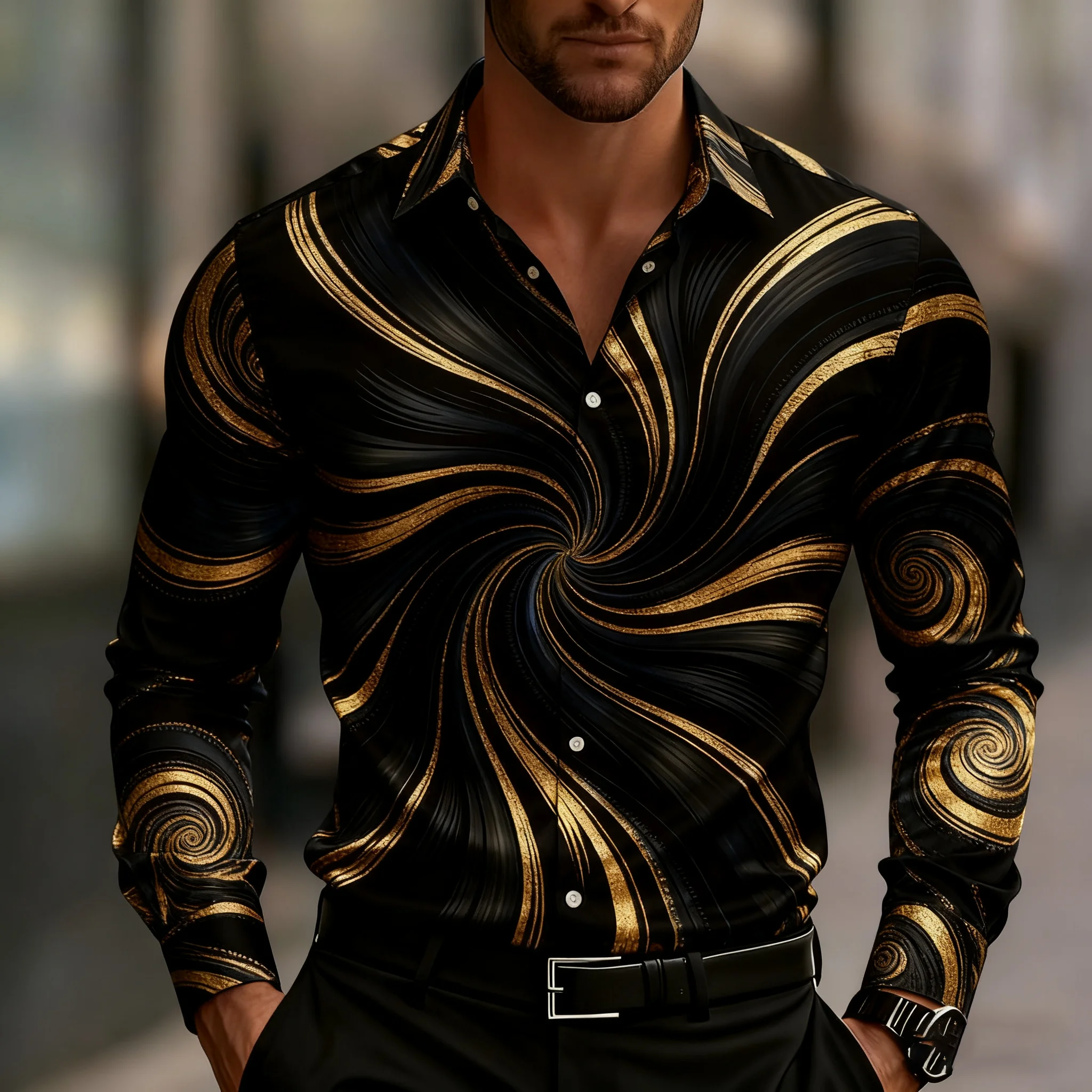 Langärmliges Herrenhemd mit geometrischem Aufdruck, stilvolles Button-Down-Hemd, modernes Wirbel- und Streifenmuster für den Alltag.