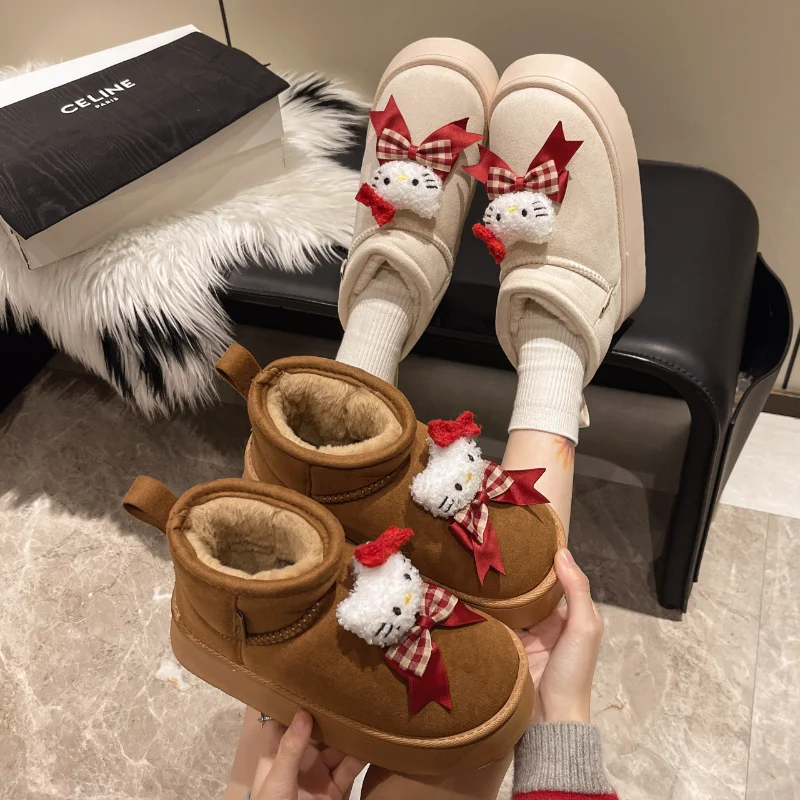 Sanrio winter hello kitty cute warm home women's shoes cartoon bow non-slip thick-soled outdoor wear thickened plush cottonboots