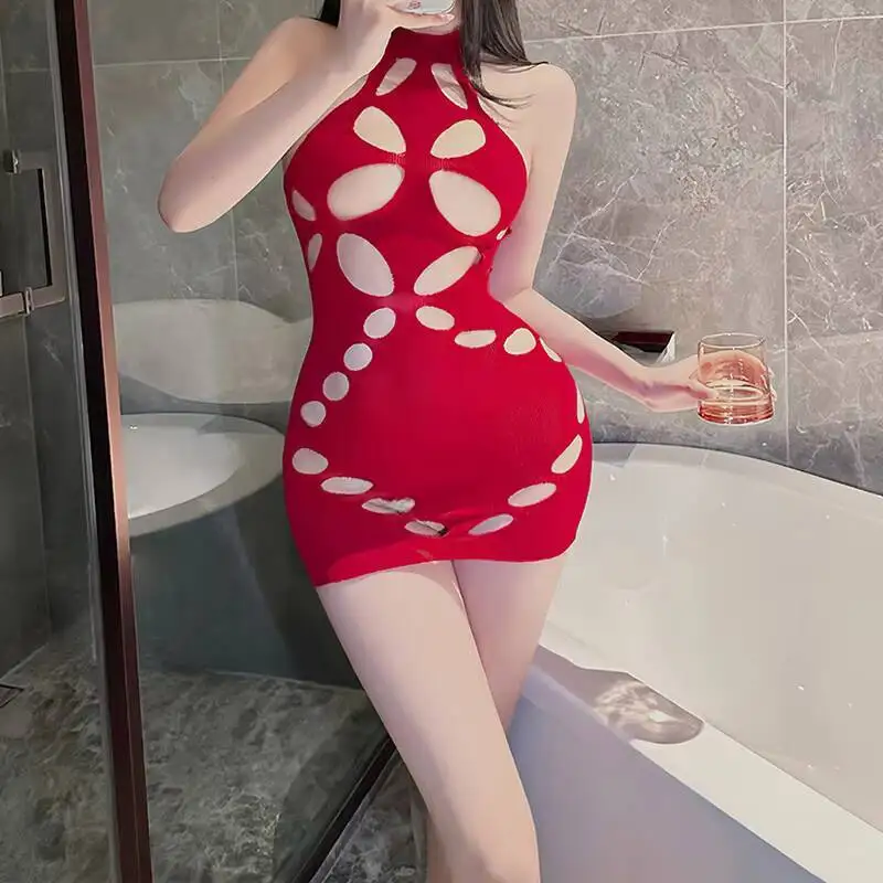 ملابس داخلية شفافة مثيرة 18+ تنورة حمراء مفرغة للنوم ملابس شبكية مثيرة جدًا تستخدم للنشاط الجنسي شفافة #4