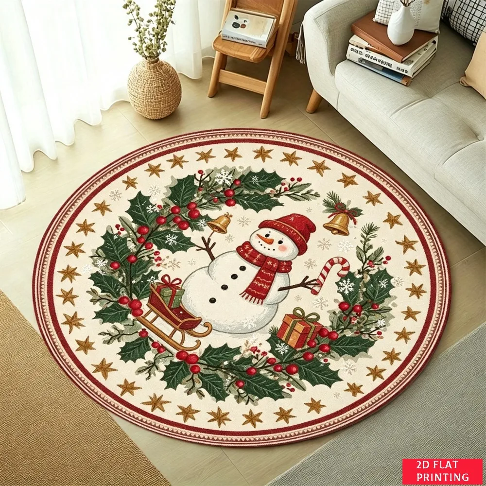 Vintage Santa Claus Sitting Holly Wreath Gold Star Border Round Carpet For Festive Entryway With Classic Holiday Spirit Carpet