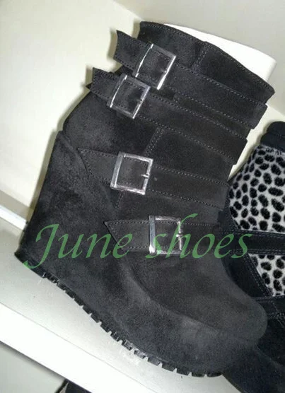 Women Black Faux Suede Multi Buckle Strap Boots Platform Wedge Heel Ankle Boots Punk Motorcycle Runway Booties Suede Fall Boots