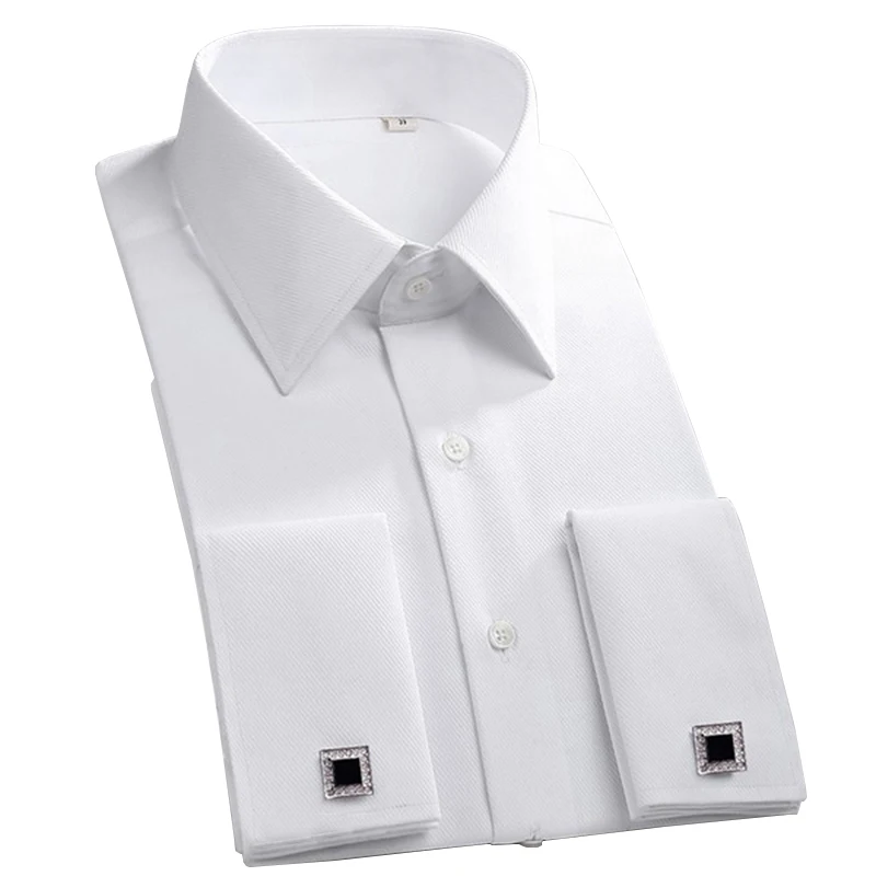 Camisa de punho francesa masculina com bolso, camisa de vestido extragrande, manga longa, masculino, formal, casamento, festa, branco, preto, clássico