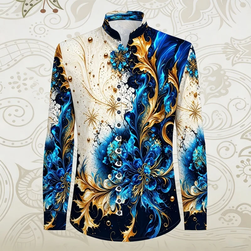Men's Shirt Floral Print Stand Up Collar Shirt Long Sleeved Shirt Outdoor Street Style Trendy Casual Personalized men's Top