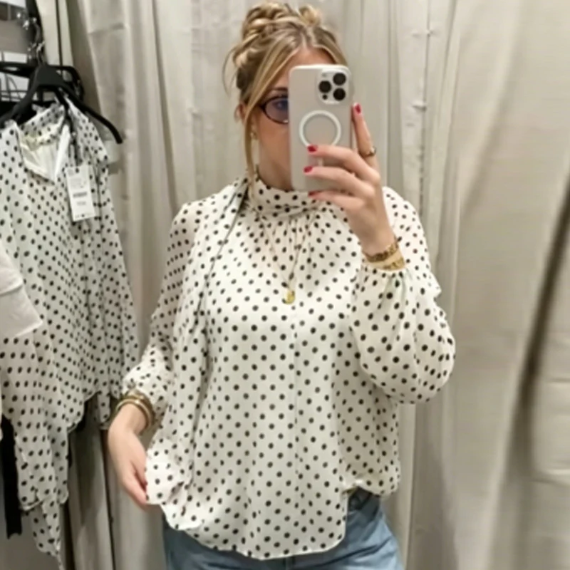 HXAO Polka Dot Oversized Top Women's Blouse Summer 2026 Boho Brown White Shirt Chiffon See -Through Long Sleeve Tops For Woman