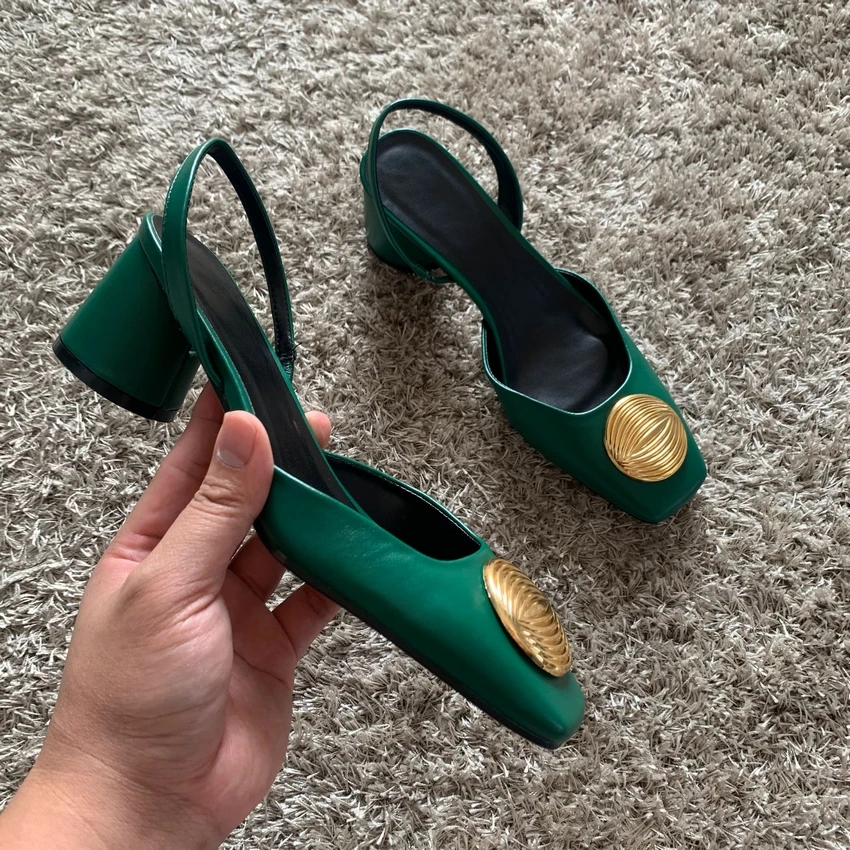 Green High Heels For Women 2024 Fashion Squared Toe Leather Slingbacks Pumps Elegant Lady Heeled Shoes Autumn Luxury Heels