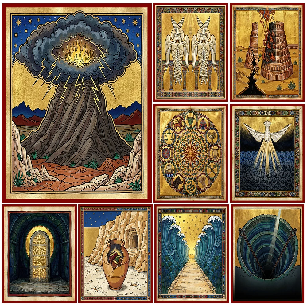 Vintage Medieval Biblical Story Canvas Prints Golden Leaf Christian Symbol Wall Art,David Dove Ancient Scroll Sacred Art Poster