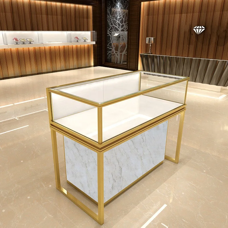 

Custom. jewelry shop furniture stainless steel jewelry display table cheap jewelry glass display showcase with storage cabi