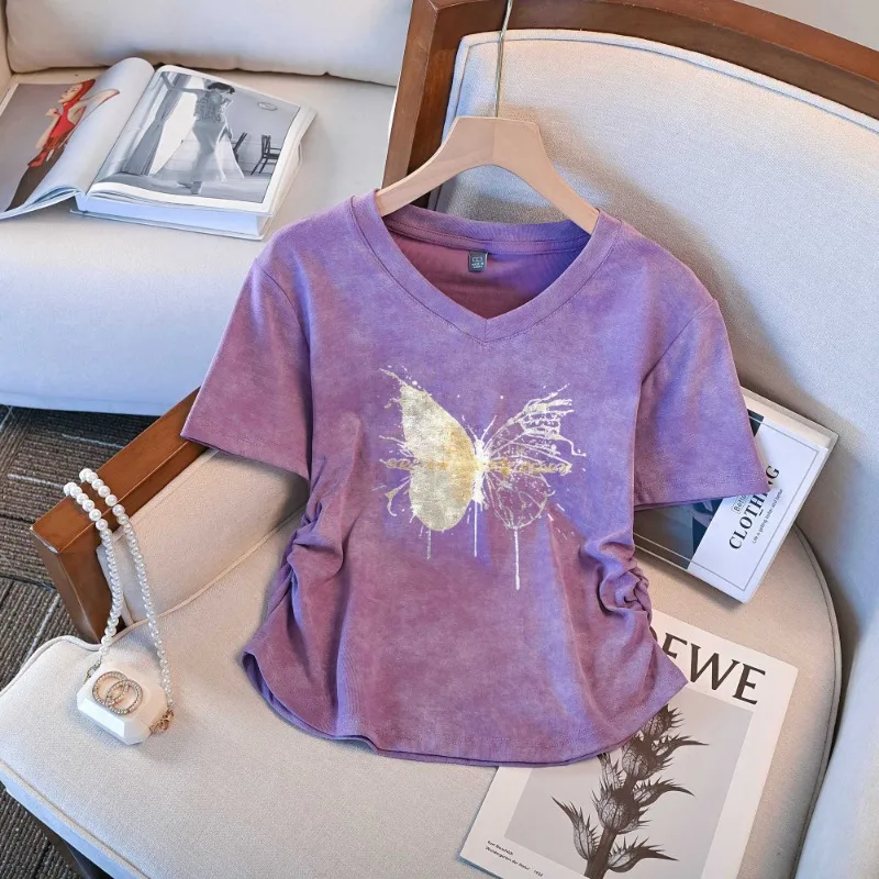 

Femme Summer Korean Fashion Printing Solid Color V-neck Short Sleeve Women Clothing Simplicity Appear Thin Pullovers Cardigan