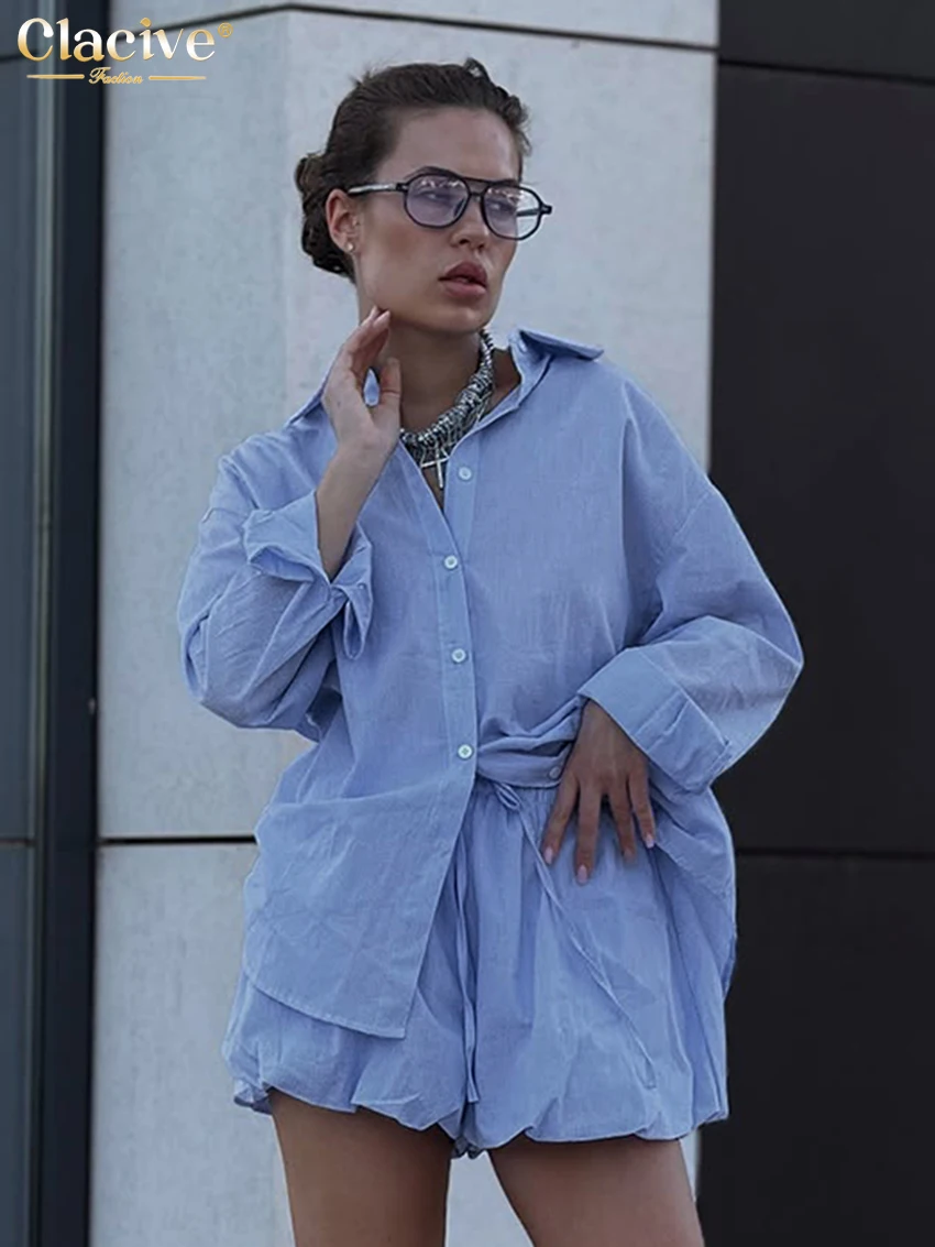 

Clacive Fashion Loose Blue Cotton 2 Pieces Set Woman 2025 Elegant Long Sleeve Shirt With High Waist Shorts Set Female Clothing