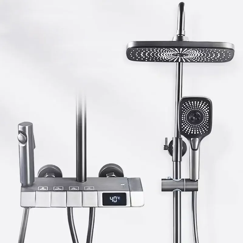 Bathroom Luxury Piano Keys Grey Thermostatic Bath & Shower Faucet Set