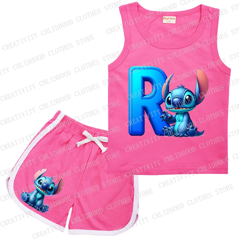 Garnitur dziecięcy Stitch Letter A -Z Sports Rose Clothes Casual Sleeveless Girl Boy Kamizelka i szorty 2Pcs Zestawy dla dzieci Odzież letnia