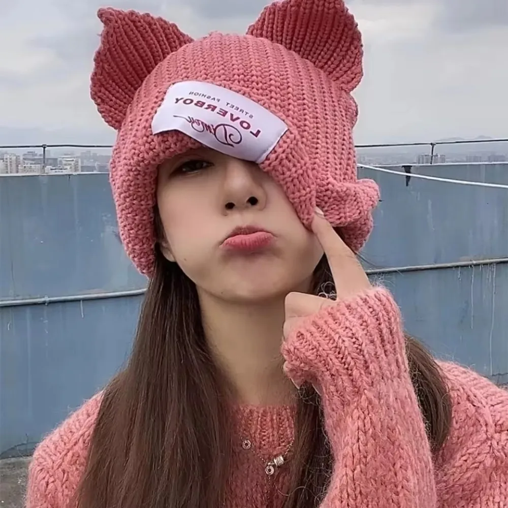 Double-layer Loverboy Cat Ear Knit Hat Warm Niche Design Knitted Cap Soft Hip-hop Personality Ear Protection Hat