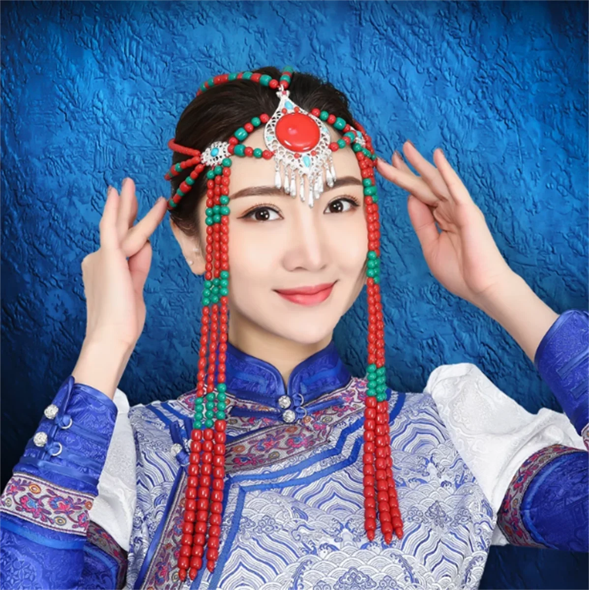 Mongolian Changliu Su Women's Handmade Beaded Hair Accessories for Minority Wedding Headwear